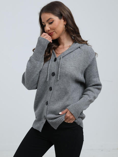 Button Down Drawstring Hooded Cardigan |1mrk.com