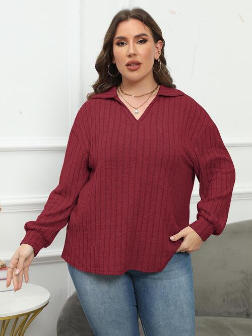 Plus Size Ribbed Collared Neck Long Sleeve Blouse | 1mrk.com