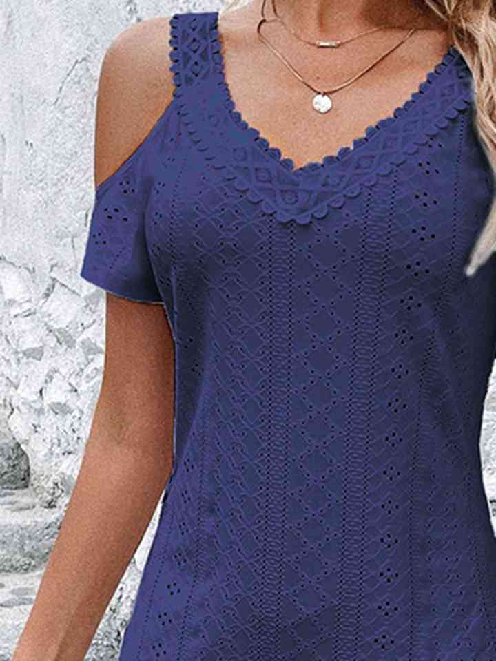 Eyelet V-Neck Cold-Shoulder Dress |1mrk.com