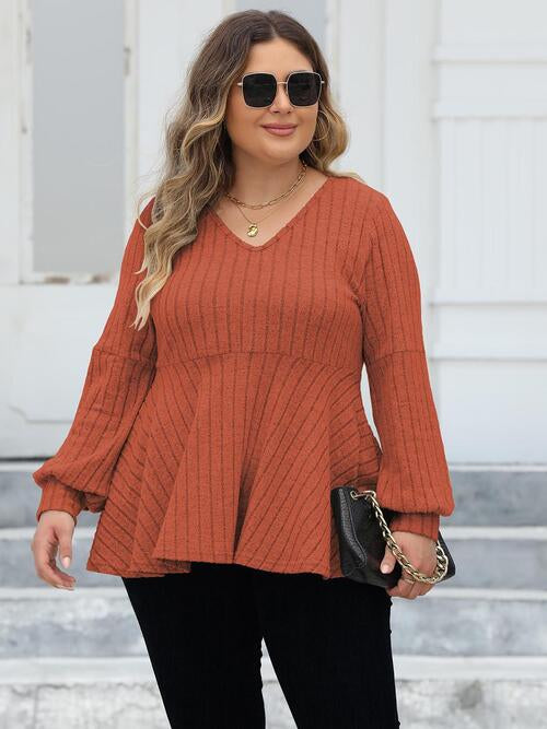 Plus Size Ribbed V-Neck Long Sleeve Blouse | 1mrk.com