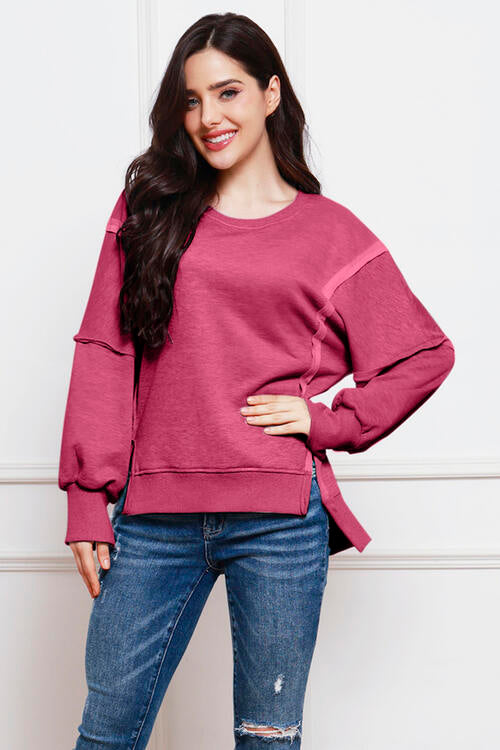 Exposed Seam High-Low Slit Sweatshirt | 1mrk.com