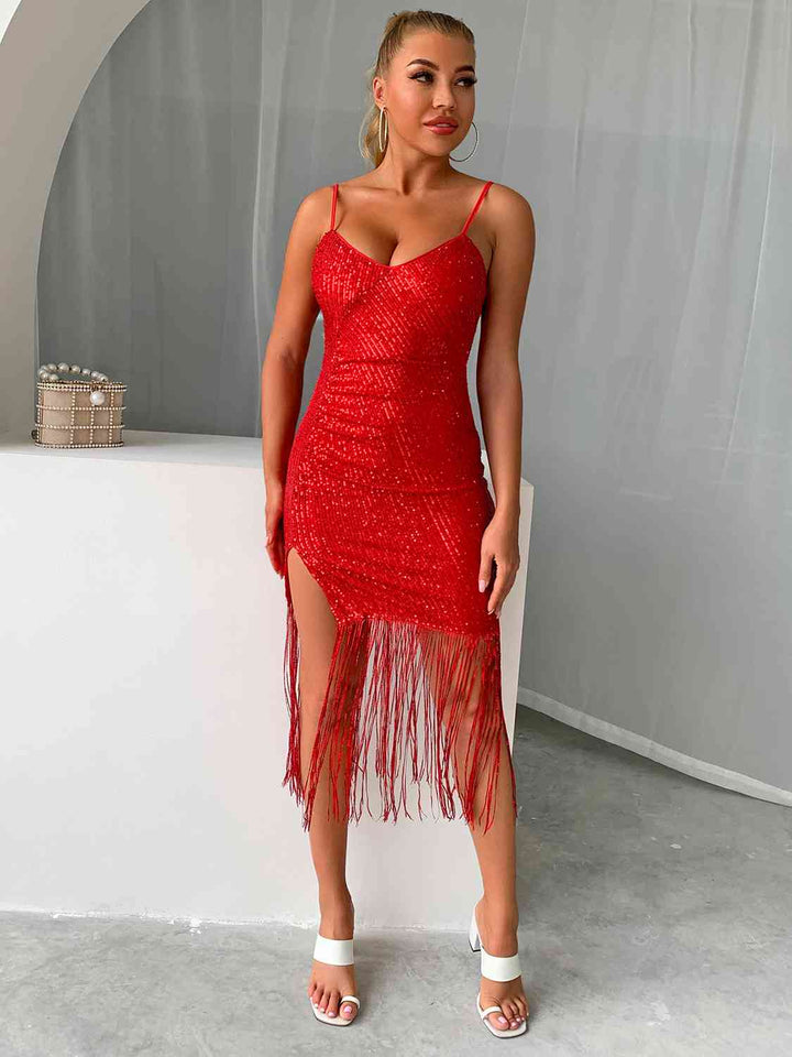 Sequin Fringe Spaghetti Strap Dress | 1mrk.com