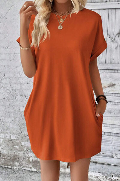 Pocketed Round Neck Short Sleeve Dress |1mrk.com