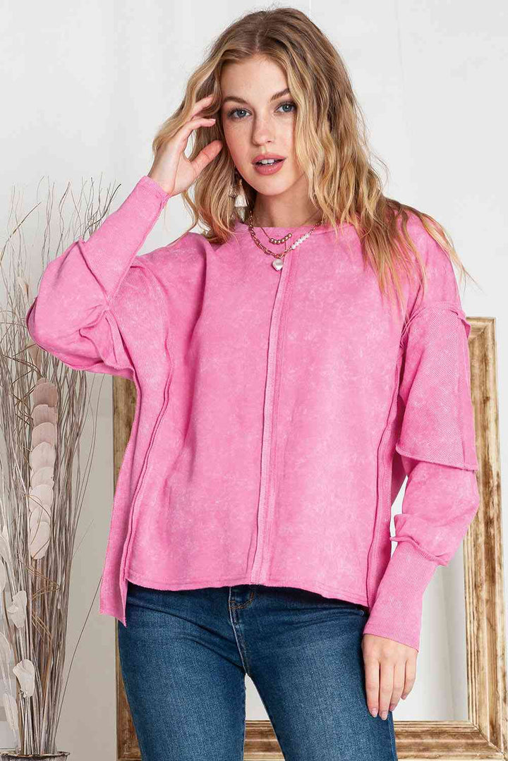 Full Size Exposed Seams Round Neck Dropped Shoulder Sweatshirt |1mrk.com