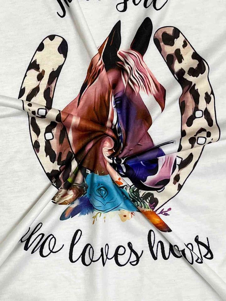 Plus Size Round Neck Long Sleeve Horse Graphic T-Shirt | 1mrk.com