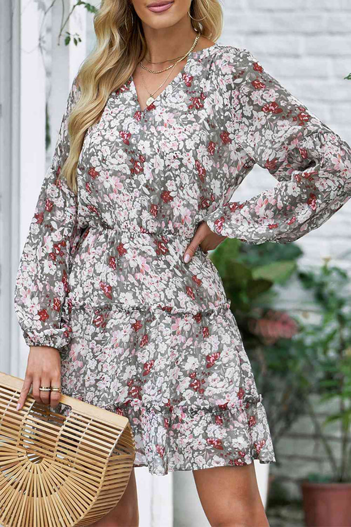 Floral Frill Trim Puff Sleeve Notched Neck Dress |1mrk.com