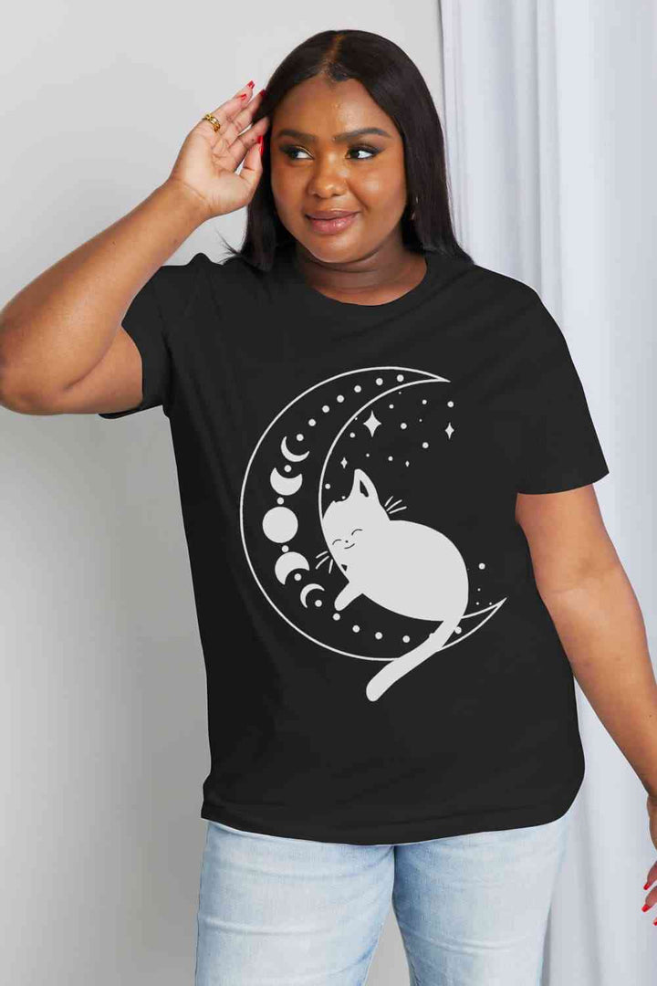 Simply Love Full Size Cat Moon Graphic Cotton Tee | 1mrk.com