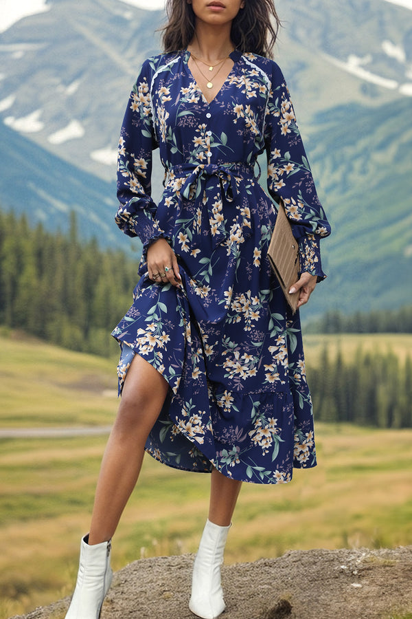 Printed Notched Lantern Sleeve Midi Dress | Trendsi