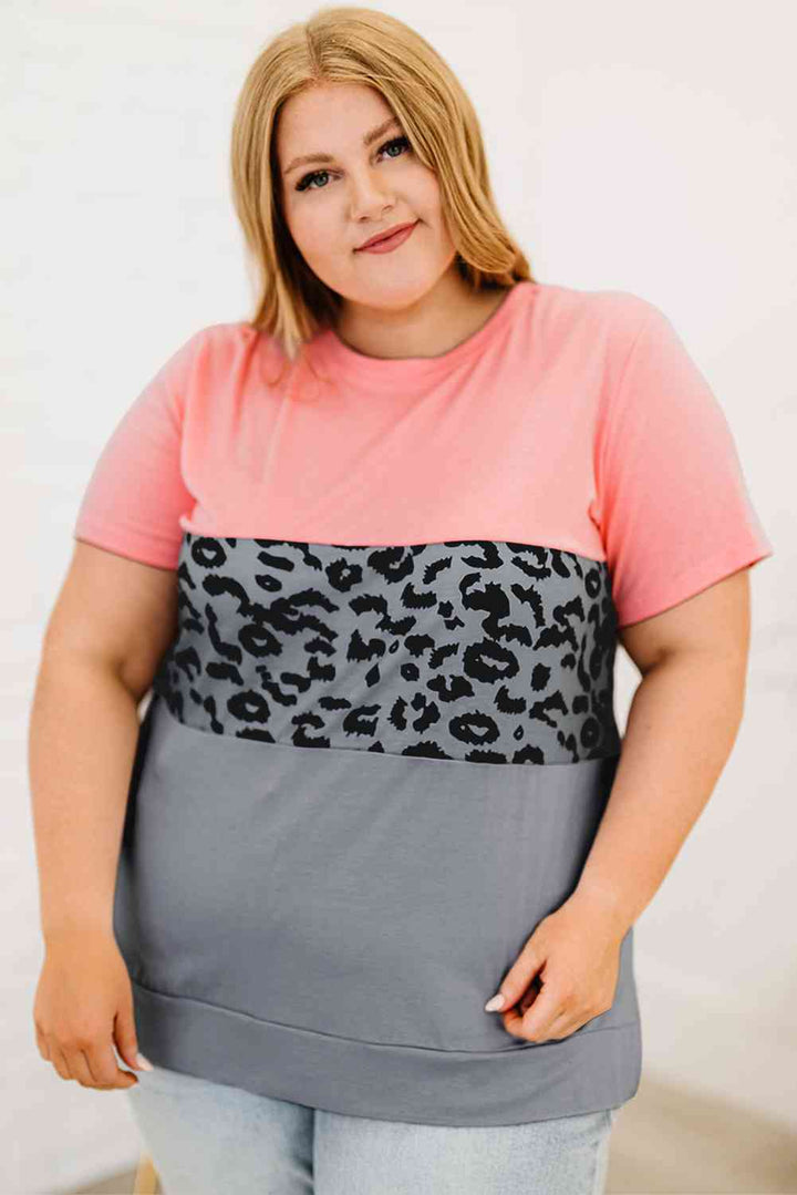 Plus Size Leopard Color Block T-Shirt | 1mrk.com