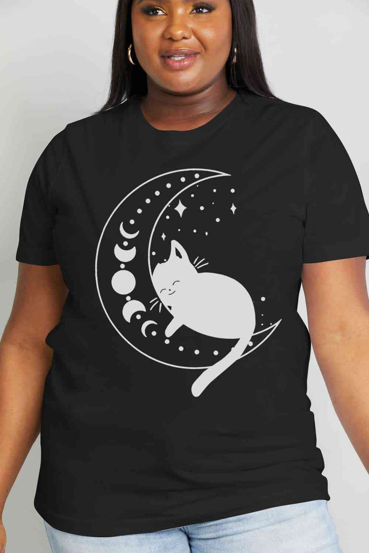 Simply Love Full Size Cat Moon Graphic Cotton Tee | 1mrk.com