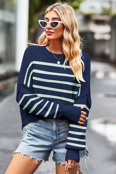 Striped Round Neck Drop Shoulder Slit Sweater |1mrk.com