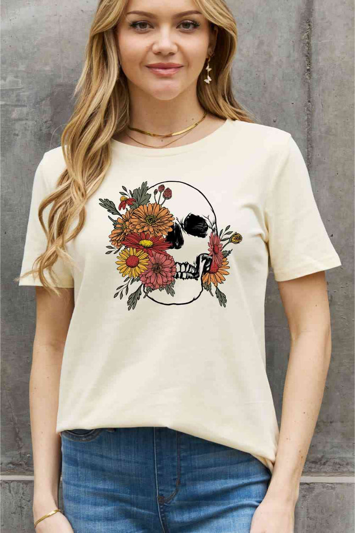 Simply Love Full Size Flower Skull Graphic Cotton Tee | 1mrk.com