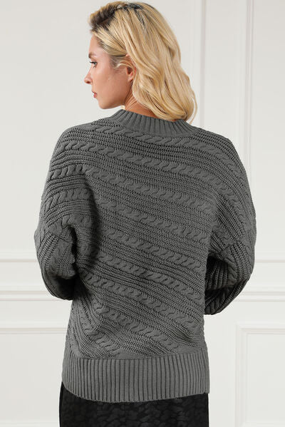 Cable-Knit Mock Neck Dropped Shoulder Sweater |1mrk.com