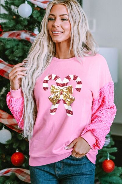 Candy Cane Sequin Long Sleeve Sweatshirt |1mrk.com