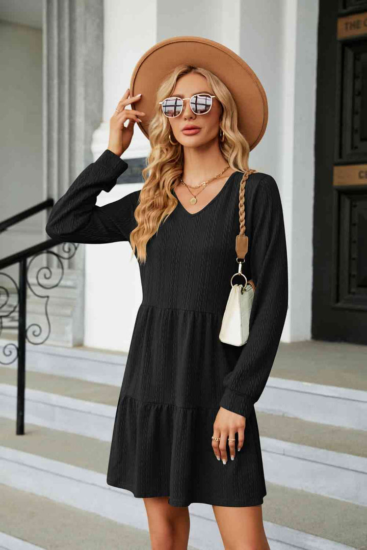 V-Neck Long Sleeve Mini Dress |1mrk.com