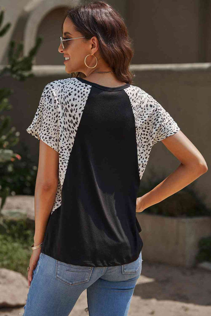 Leopard Color Block V-Neck Tee Shirt | 1mrk.com