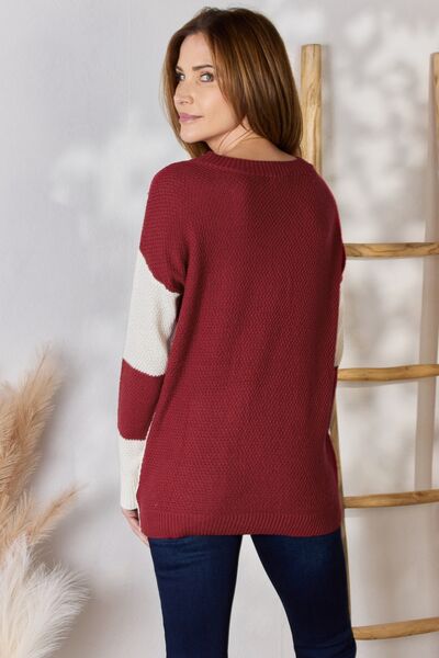 Hailey & Co Full Size Color Block Dropped Shoulder Knit Top |1mrk.com