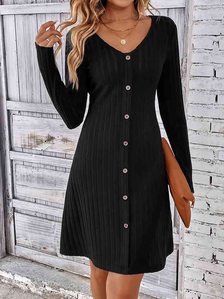 V-Neck Long Sleeve Mini Dress |1mrk.com