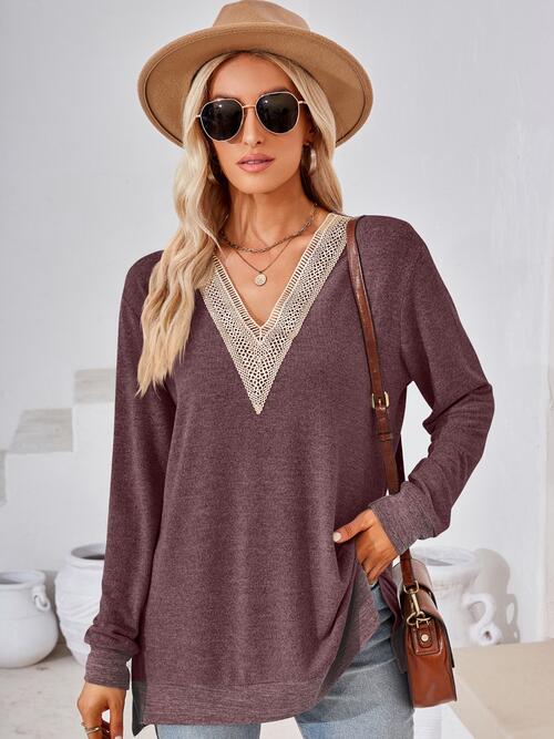 Crochet Contrast V-Neck Long Sleeve Slit T-Shirt | 1mrk.com