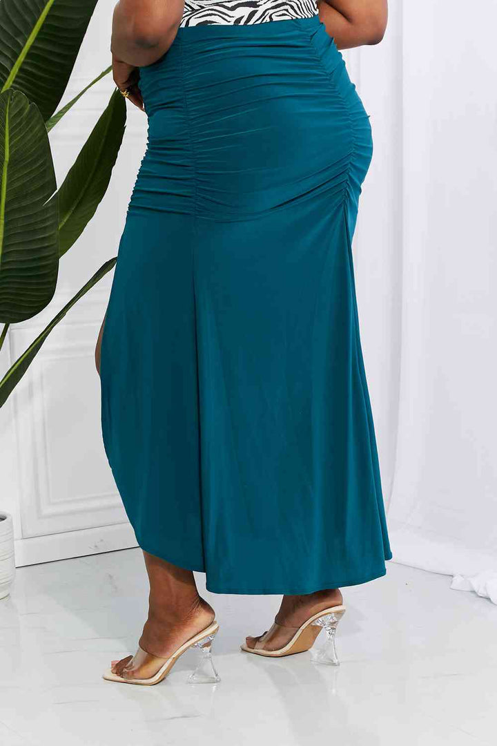 White Birch Full Size Up and Up Ruched Slit Maxi Skirt in Teal | 1mrk.com