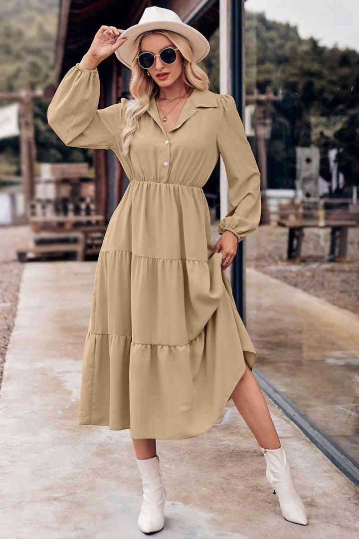 Collared Neck Long Sleeve Midi Dress |1mrk.com