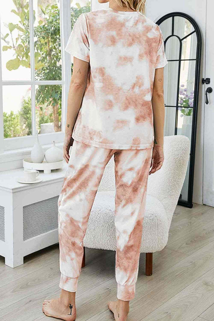 Tie-Dye Round Neck Short Sleeve Top and Pants Lounge Set | 1mrk.com