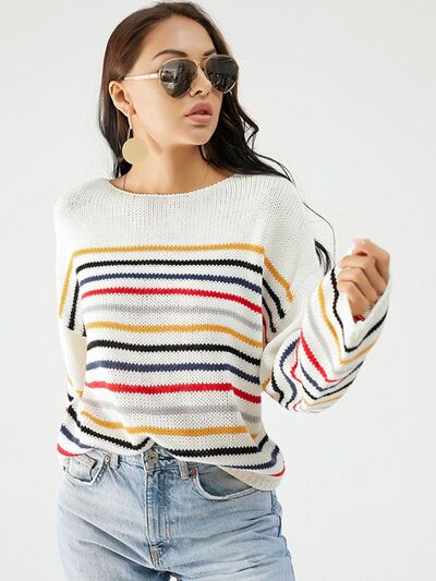 Striped Round Neck Dropped Shoulder Sweater |1mrk.com