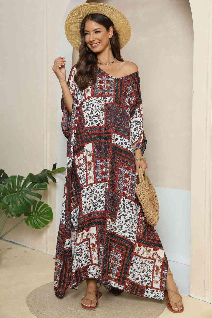 Printed V-Neck Split Maxi Dress |1mrk.com