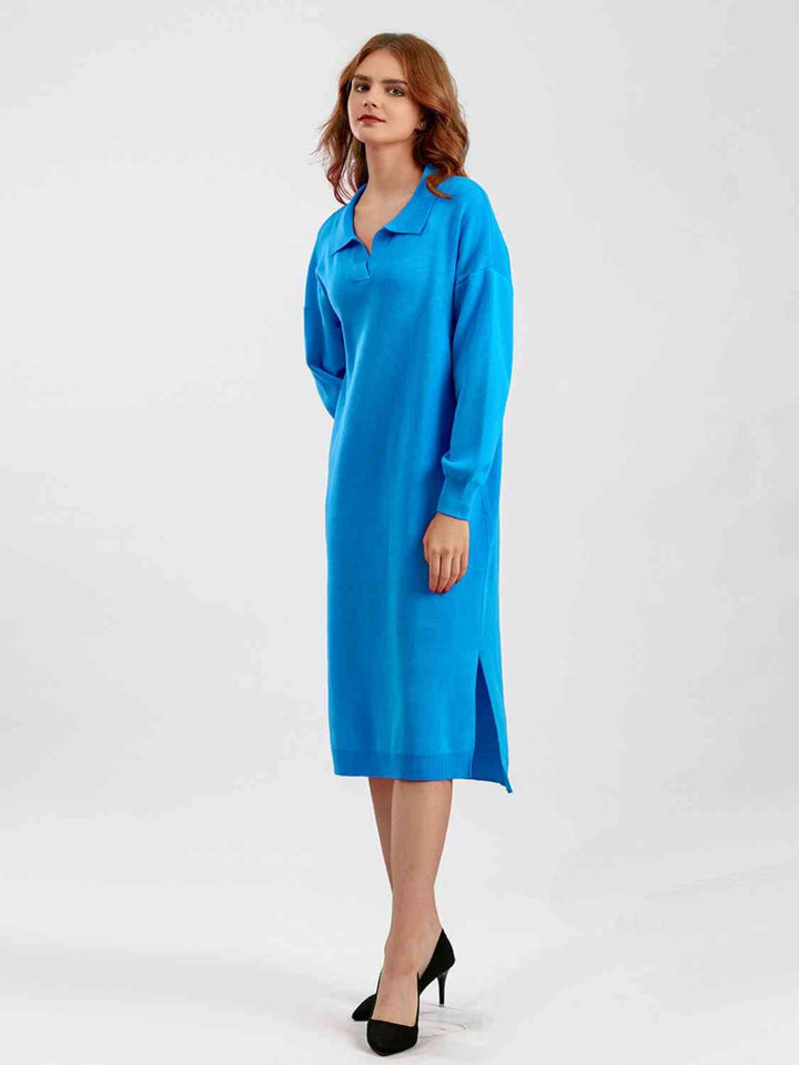 Johnny Collar Long Sleeve Slit Sweater Dress |1mrk.com