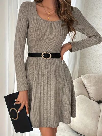 Ribbed Scoop Neck Long Sleeve Sweater Dress | Trendsi