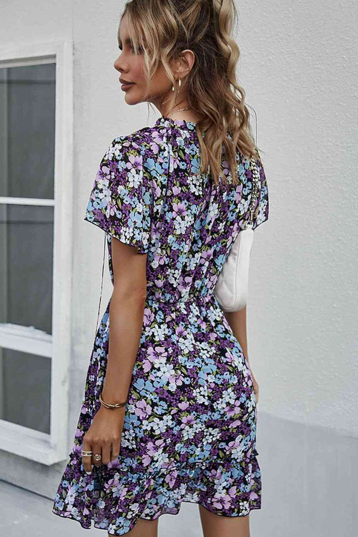 Floral Tie-Neck Flutter Sleeve Mini Dress |1mrk.com