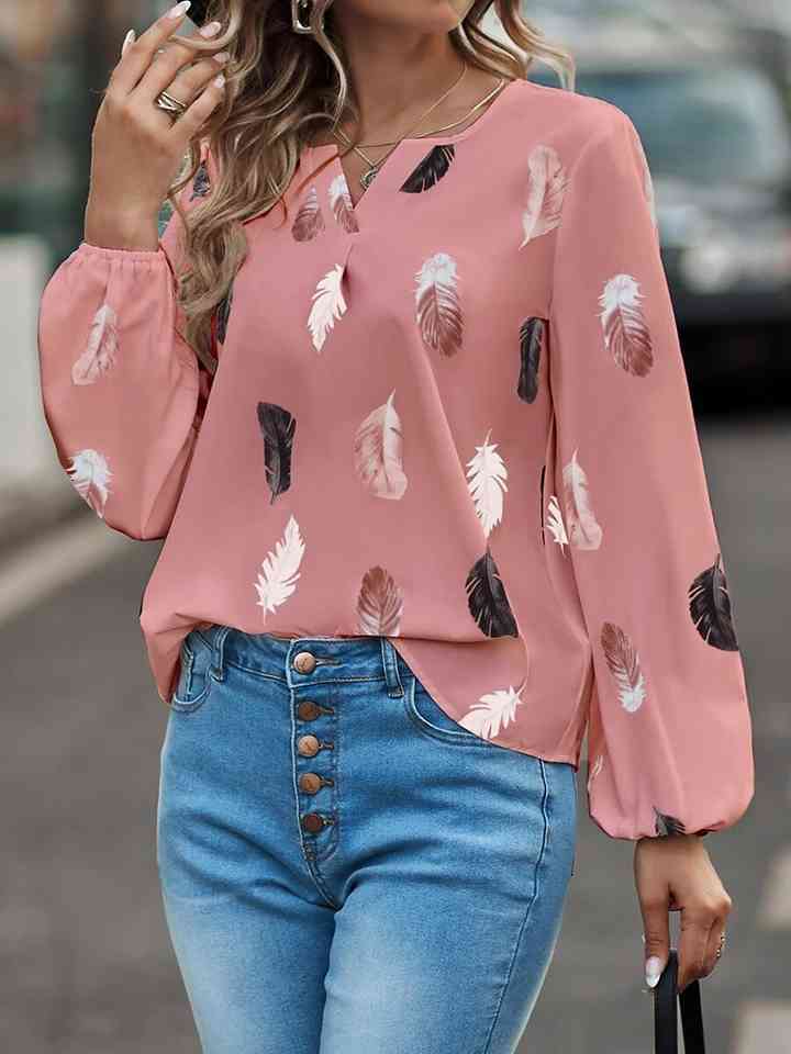 Printed Notched Neck Long Sleeve Blouse | 1mrk.com