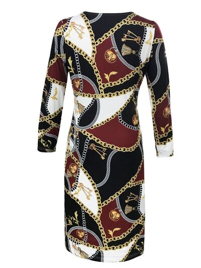 Printed Round Neck Long Sleeve Midi Dress |1mrk.com