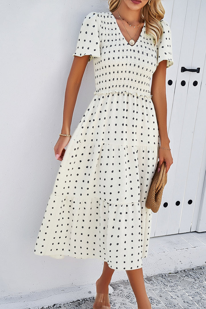 Swiss Dot Short Sleeve Smocked Dress | Trendsi