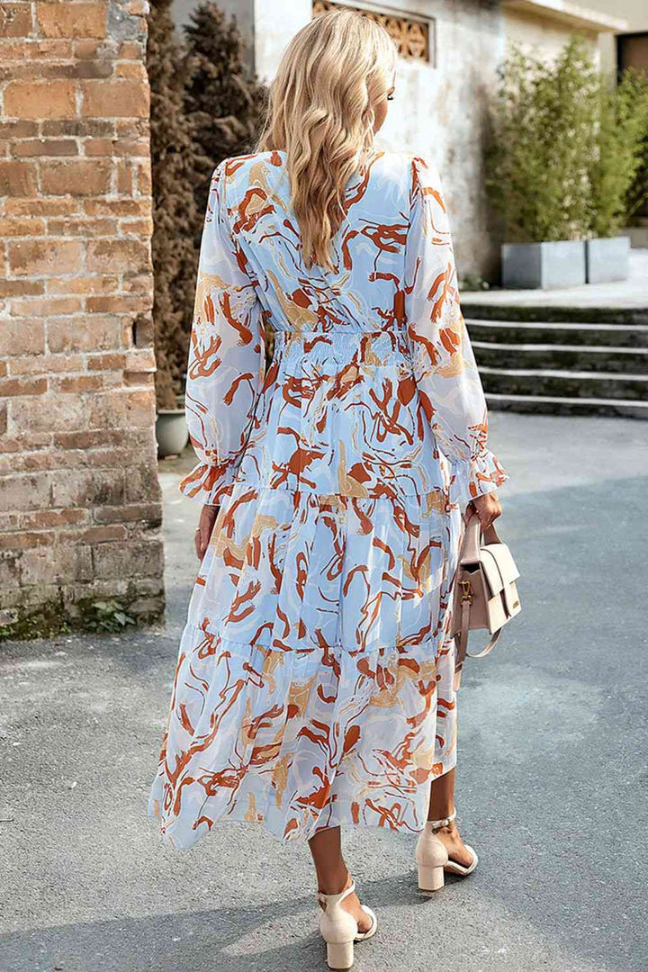 Printed Surplice Neck Flounce Sleeve Midi Dress |1mrk.com