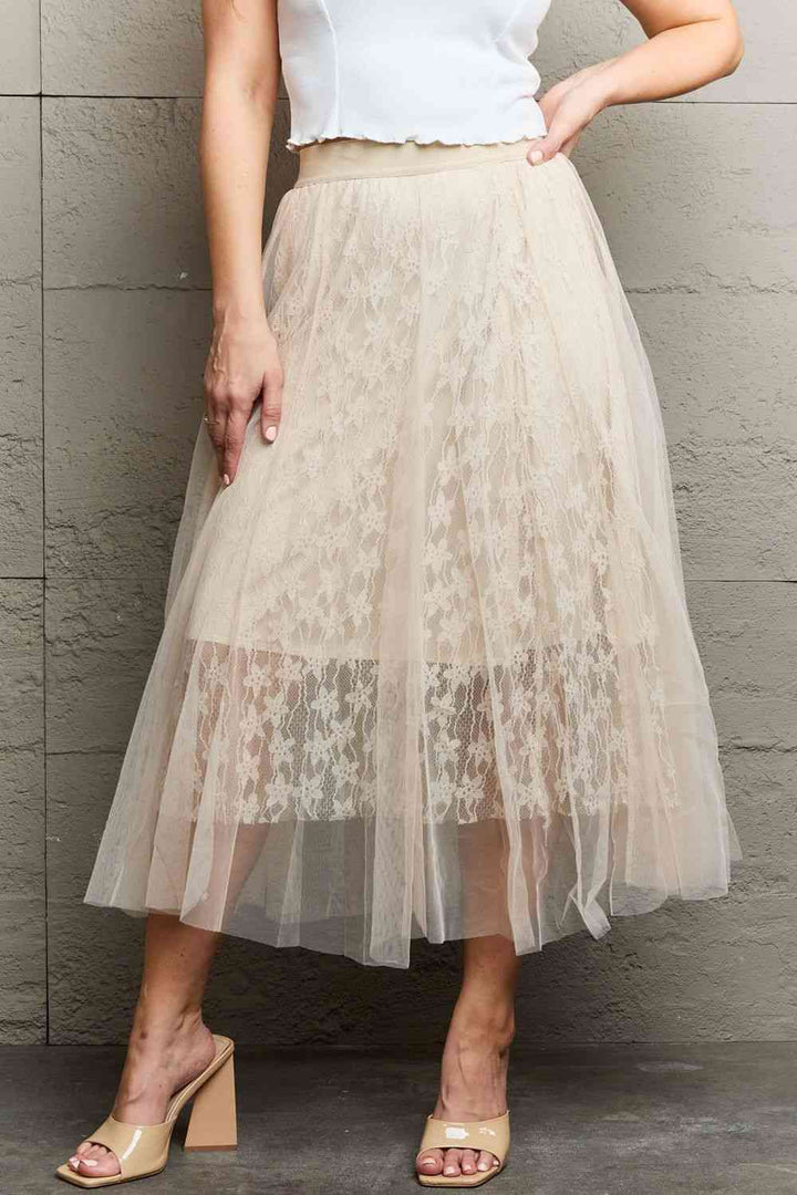 Ninexis Lace Flowy Midi Skirt |1mrk.com