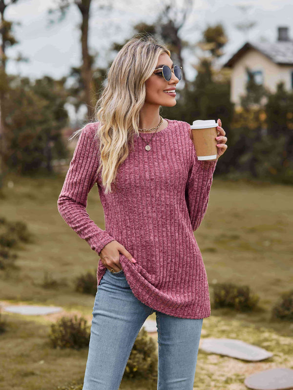 Ribbed Round Neck Long Sleeve Tee | 1mrk.com