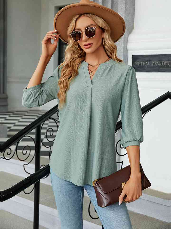 Notched Neck Three-Quarter Sleeve Blouse | 1mrk.com