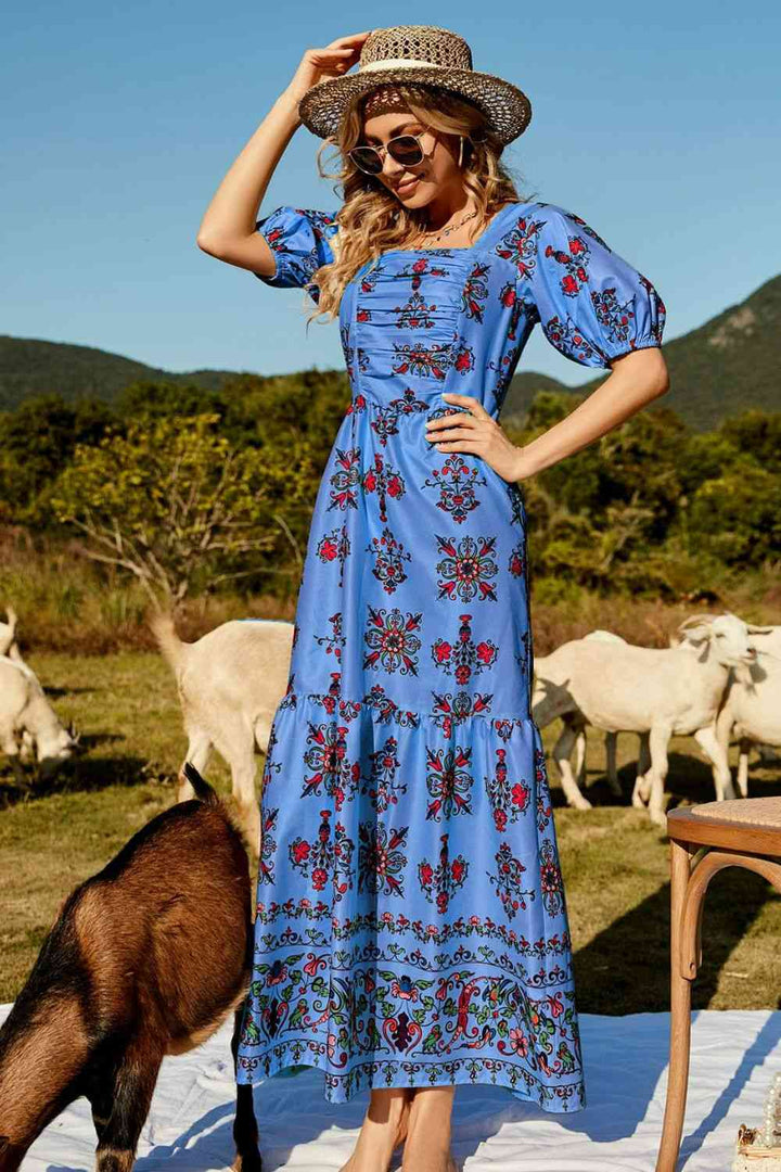 Floral Ruched Puff Sleeve Tiered Maxi Dress | 1mrk.com