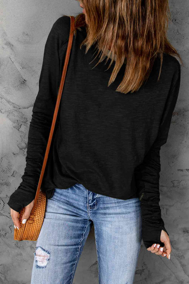 Thumbhole Long Sleeve Round Neck Top |1mrk.com