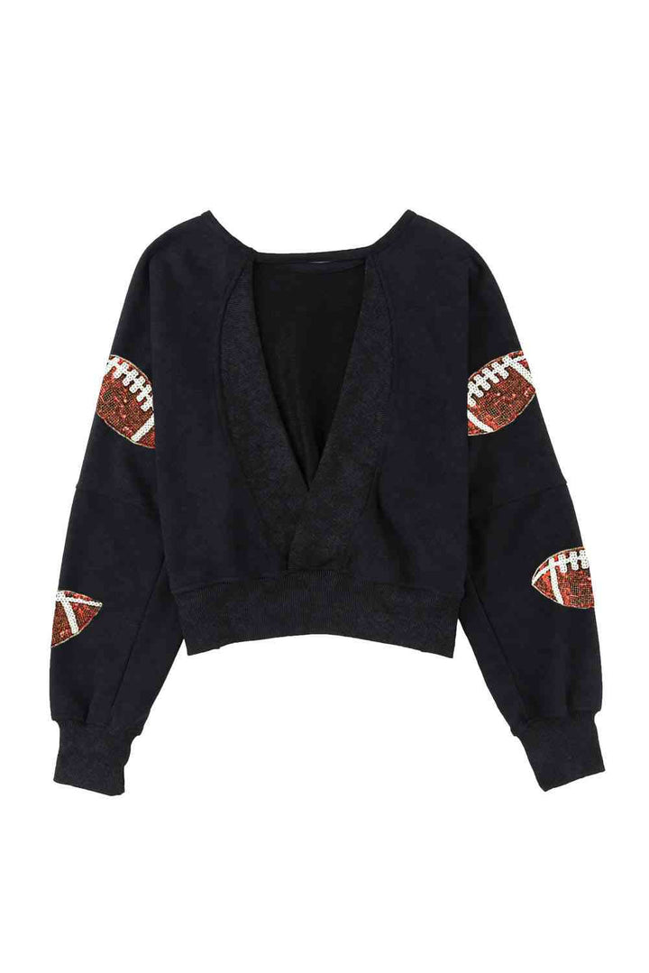 Sequin Football Patch Open Back Sweatshirt |1mrk.com