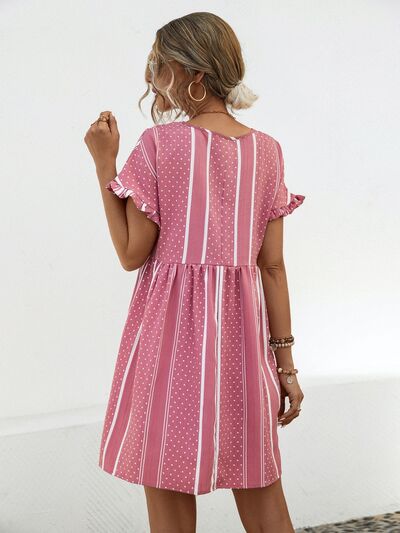 Striped Polka Dot Frill Short Sleeve Mini Dress |1mrk.com