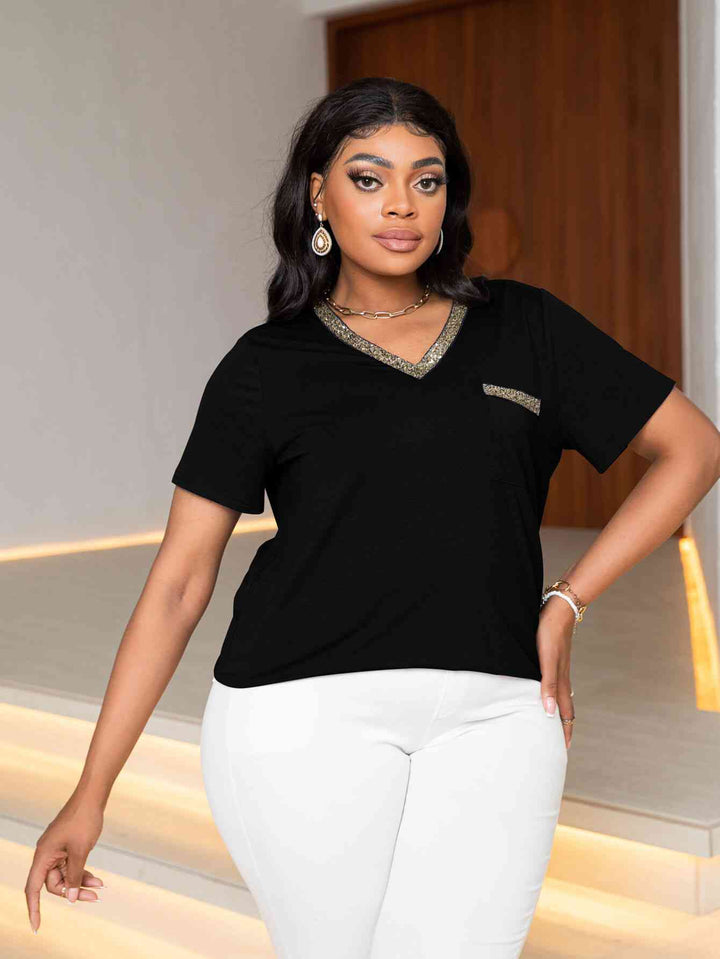 Plus Size Glitter V-Neck Short Sleeve Tee Shirt | 1mrk.com