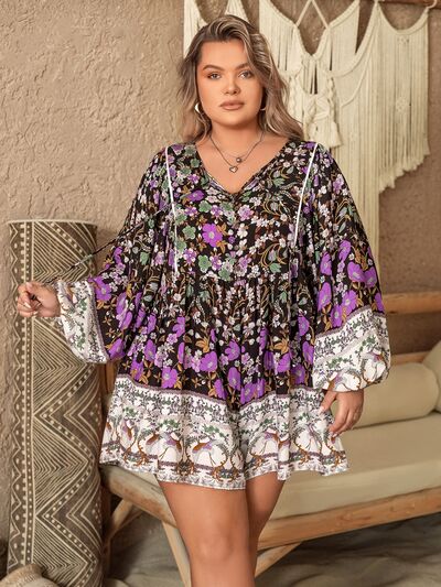 Plus Size Printed Tie Neck Mini Dress |1mrk.com