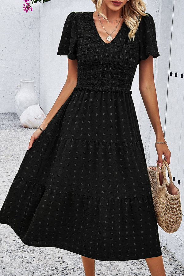 Swiss Dot Short Sleeve Smocked Dress | Trendsi