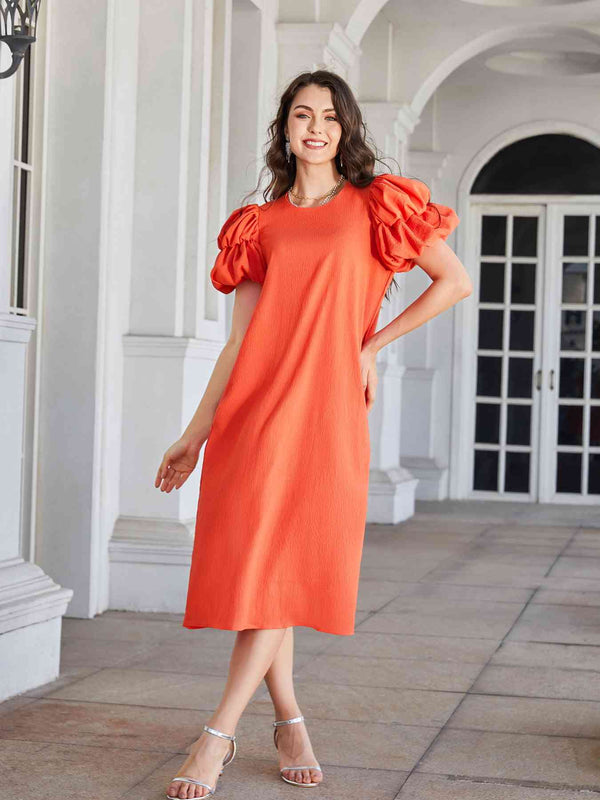 Round Neck Bubble Sleeve Straight Hem Midi Dress |1mrk.com