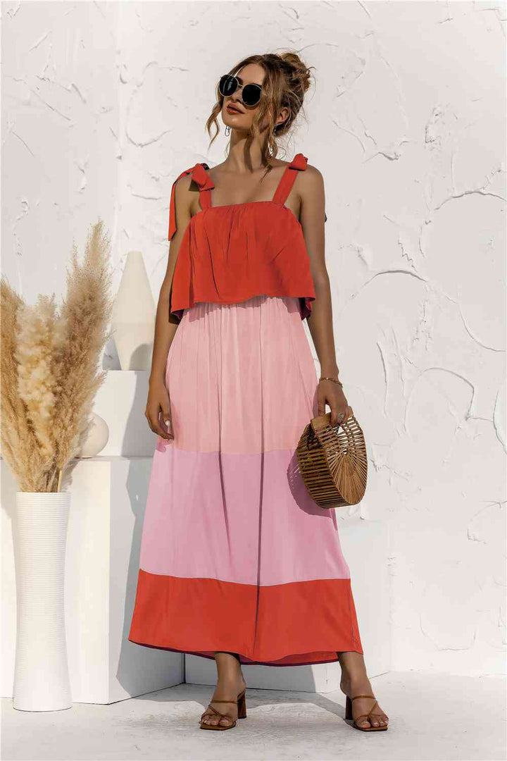 Color Block Tie Shoulder Tiered Sleeveless Dress |1mrk.com