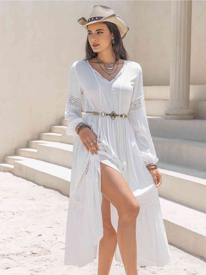 Tie Neck Long Sleeve Midi Tiered Dress | 1mrk.com