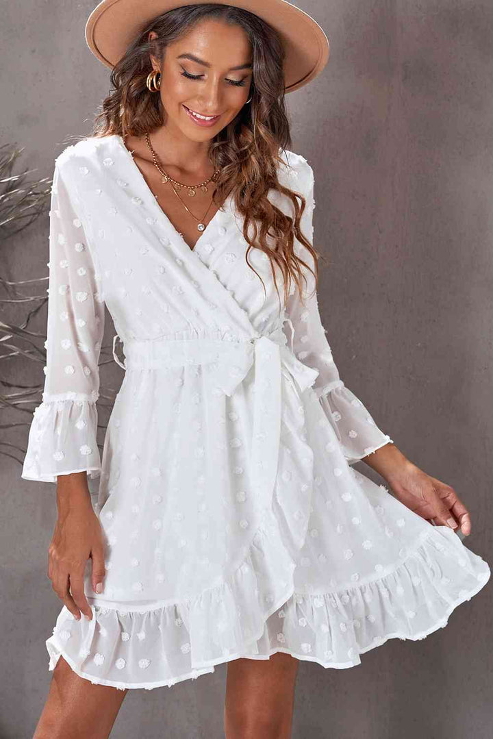 Swiss Dot Ruffled Tie-Waist Surplice Dress |1mrk.com