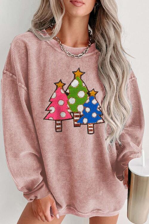 Christmas Tree Round Neck Drop Shoulder Sweatshirt |1mrk.com